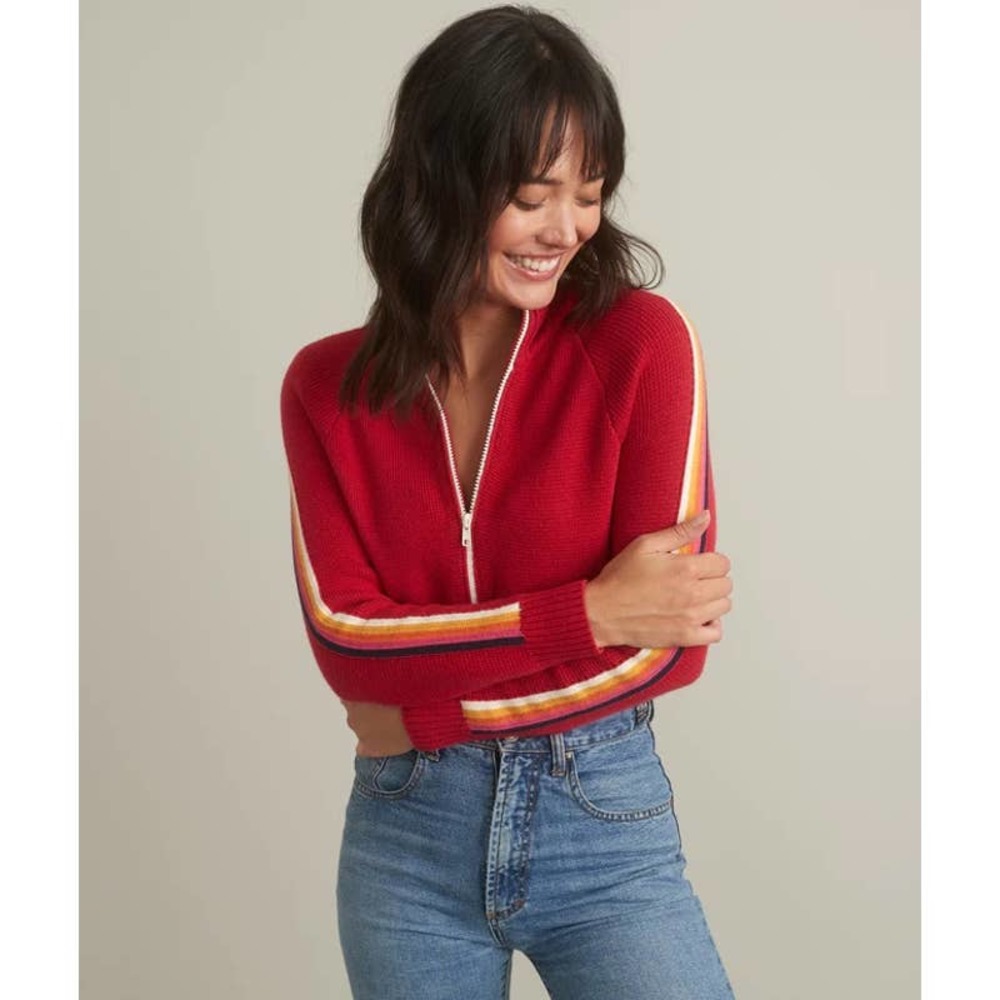 Marine Layer x LF Snowbird Retro 1/4 Zip Multi-Stripe Sleeve Sweater Flame Red M
